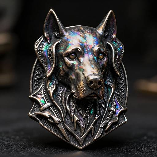 Photograph of a detailed, silver wolf head pendant with iridescent highlights, intricate patterns, and a dark, blurred background.