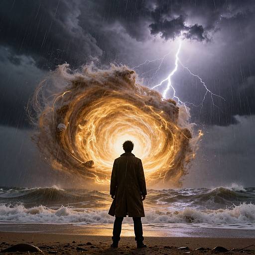 Photograph-like digital art: Silhouetted figure in trench coat stands on stormy beach, facing massive swirling vortex of fire and lightning in dark