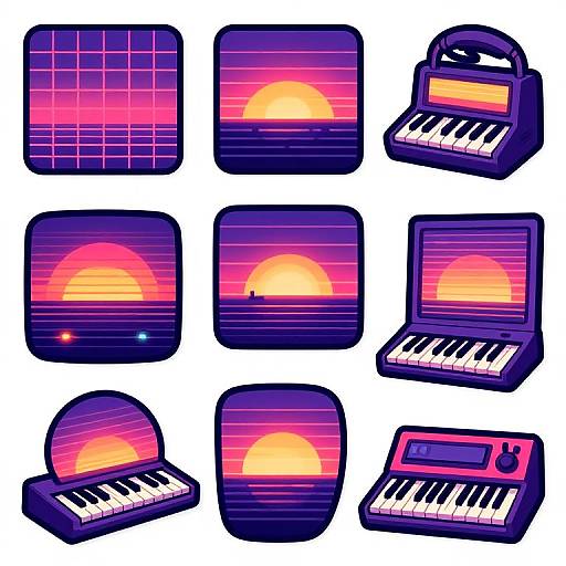 Digital illustration of nine retro-styled, neon sunset-themed keyboard and synthesizer icons in various orientations and designs.