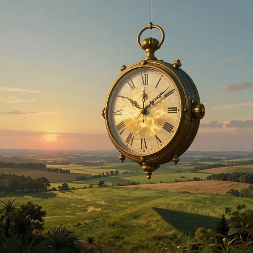 Photograph of a hanging, antique, round clock with Roman numerals, set against a picturesque rural sunset landscape with green fields.