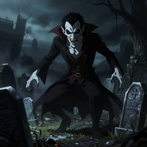 Digital artwork of a menacing vampire with pale skin, sharp fangs, and black coat standing in a dark, stormy graveyard with tombstones and a