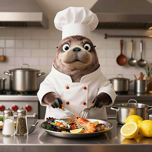 Cartoon Walrus Chef in Kitchen
