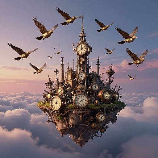 Fantastical steampunk clock tower floating among clouds, surrounded by flying birds, against a sunset sky. Digital art with intricate details.