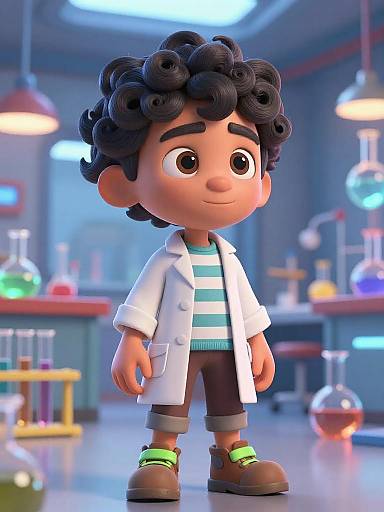 3D cartoon boy with curly black hair, brown skin, wearing white lab coat, striped shirt, brown pants, green-striped shoes, in colorful laboratory
