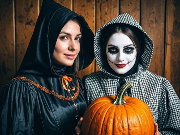 Two Women in Halloween Costumes Holding Pumpkin