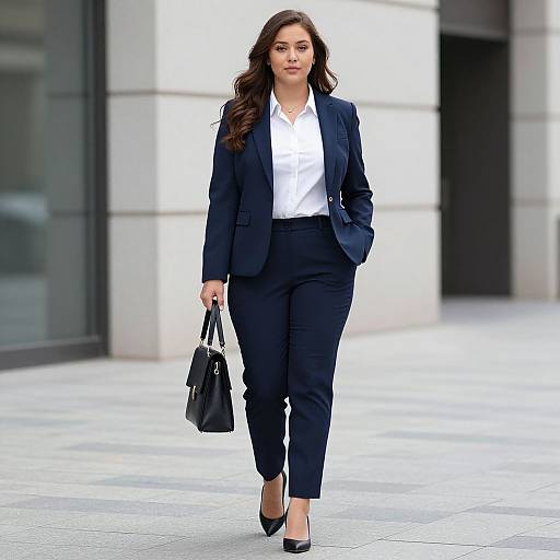 Photograph of a confident woman with long brown hair, wearing a navy suit, white blouse, and black heels, carrying a black handbag, walking