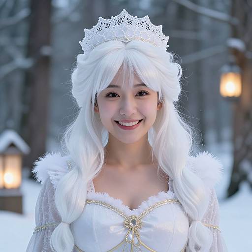 Photograph of a smiling Asian woman with long white hair, lace crown, and white fur-trimmed dress, standing in a snowy forest with glowing
