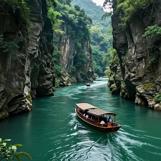 Photograph of a wooden boat with a canopy cruising through a narrow, lush, green canyon with turquoise water and steep cliffs.