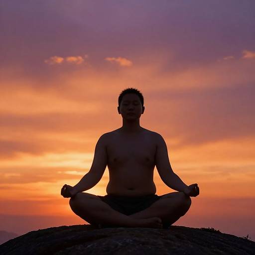 Silhouetted man in yoga lotus position on rock, against vibrant orange and purple sunset sky, calm and centered. Photographic image.