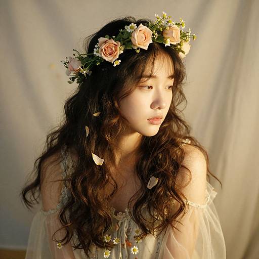 Photograph of an Asian woman with long, wavy black hair, wearing a floral crown and sheer, off-shoulder dress, illuminated by soft