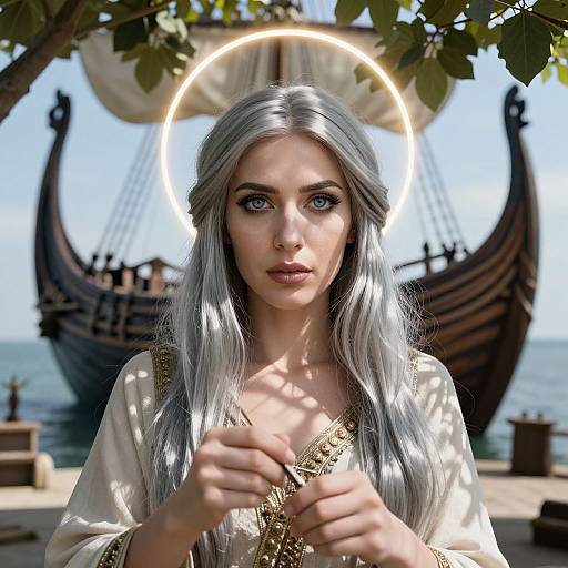Digital artwork of a silver-haired woman with blue eyes, wearing a white, gold-trimmed medieval-style dress, in front of a ship with a