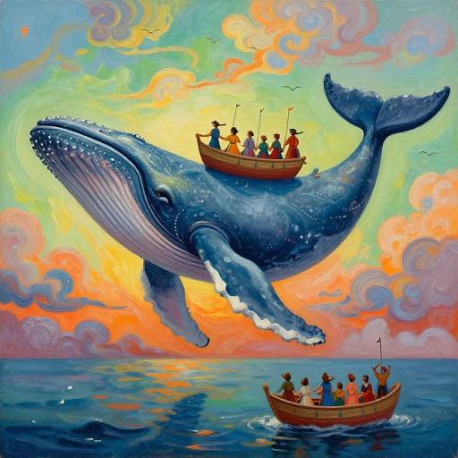 Vivid painting of a massive blue whale with textured skin, carrying two small boats of colorful people against a dramatic sunset sky.