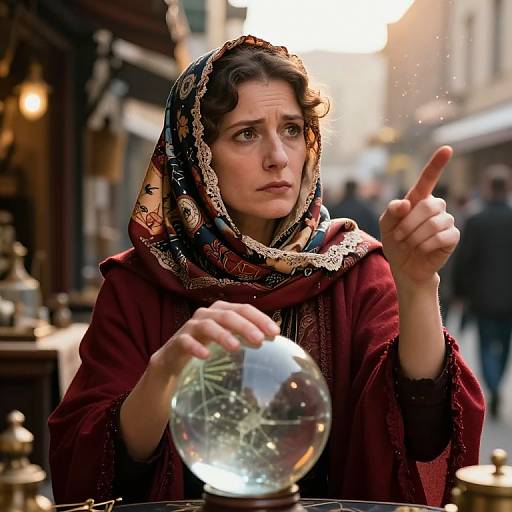 Photograph of a young woman with curly brown hair, wearing a red robe and patterned headscarf, pointing while holding a crystal ball in a