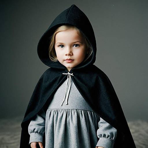 Young Girl in Black Hooded Cape and Grey Dress