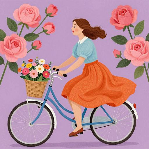 Illustration of a smiling woman with brown hair, wearing a blue shirt and orange skirt, riding a blue bicycle with a flower basket, surrounded by pink