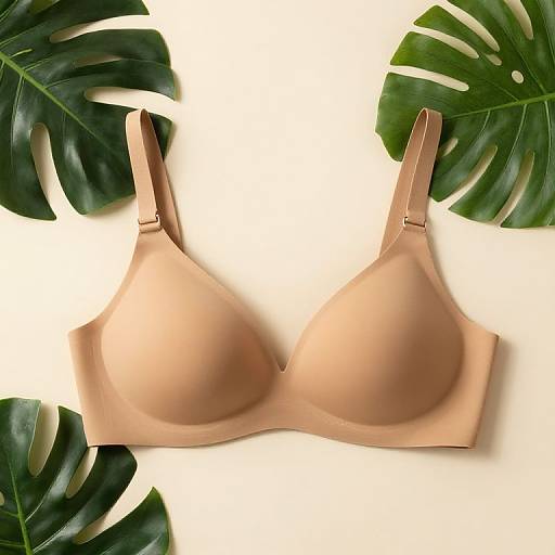 Photograph of a nude-colored, smooth-cupped, padded bra with adjustable straps, surrounded by large, green monstera leaves on a white