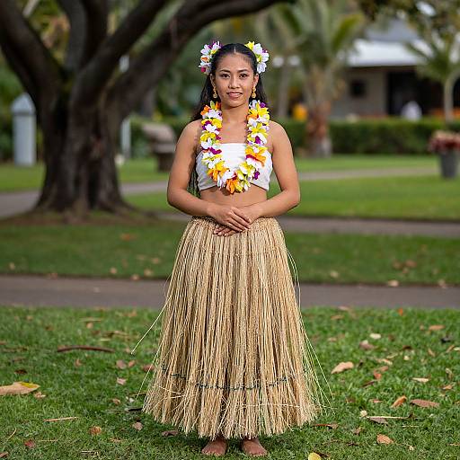 Photograph of a young woman with dark skin, wearing a colorful flower lei, black top, and straw skirt, standing in a lush park.
