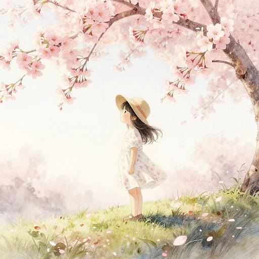 Digital anime-style drawing of a girl with long black hair, wearing a white dress and sunhat, standing under blooming pink cherry blossoms, surrounded
