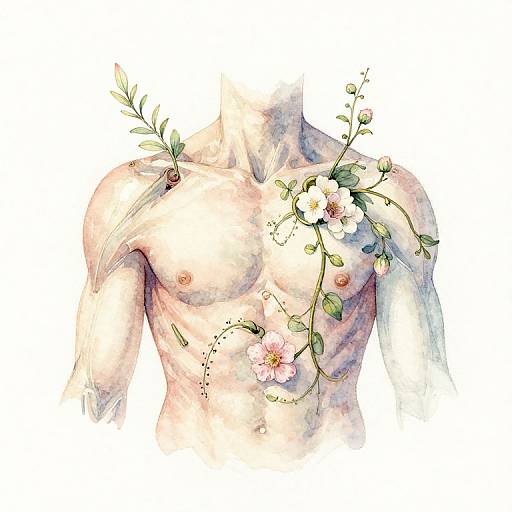 Watercolor painting of a faceless, shirtless male torso adorned with pink flowers and green leaves, featuring subtle, pastel colors.