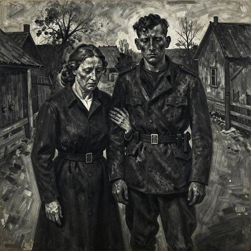 Charcoal Painting of Parents and Soldier Farewell