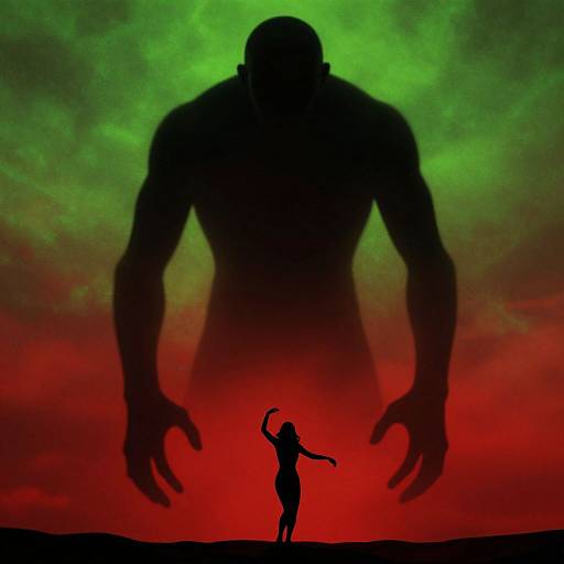 Silhouette of a dancing woman facing giant, shadowy monster with outstretched arms against a green and red smoky sky. Digital art.