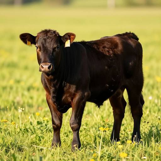 Photograph of a curious, black, young calf with yellow ear tags standing in a sunlit, green meadow filled with yellow flowers.