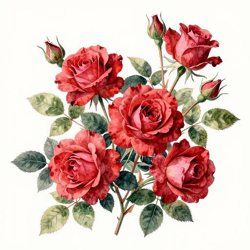 Watercolor illustration of vibrant red roses with green leaves and unopened buds, set against a white background.