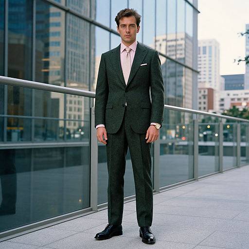 Photograph of a handsome, serious-looking man in a dark pinstripe suit, pink shirt, and black shoes, standing on a modern city sidewalk