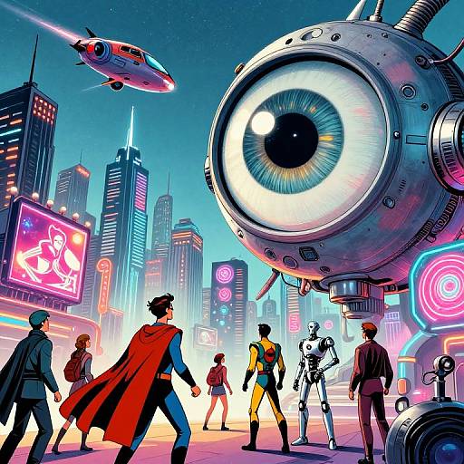 Superhero team in vibrant, neon-lit futuristic city, with giant eye robot, flying car, and holographic billboard. Dynamic, comic-book style
