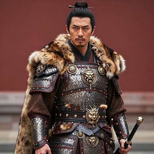 Photograph of a serious Asian man in detailed, metallic samurai armor with fur trim, holding a sword, against a red wall.