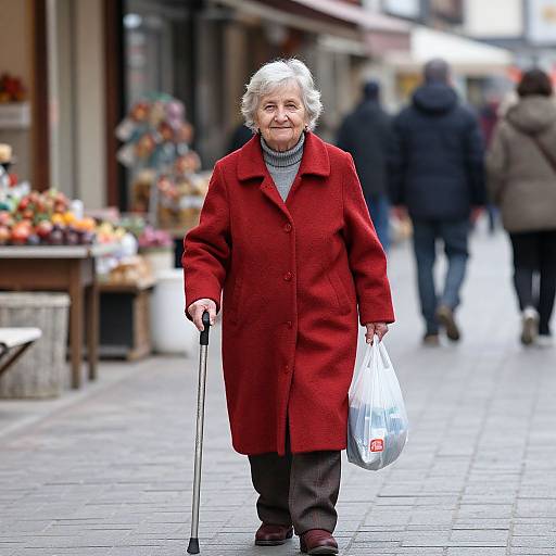 Photograph of elderly woman with short white hair, wearing red coat and grey turtleneck, holding cane and plastic bag, walking on busy urban street