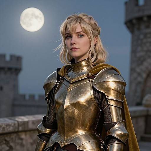 Photorealistic digital image of a blonde woman in shiny gold medieval armor, standing under a full moon, with castle towers in the background.
