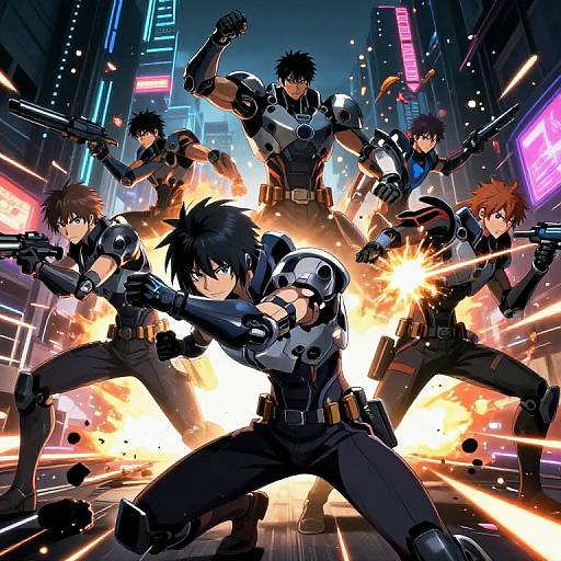 Dynamic anime-style illustration of six muscular, armored characters in a neon-lit city, firing guns and surrounded by bright explosions.