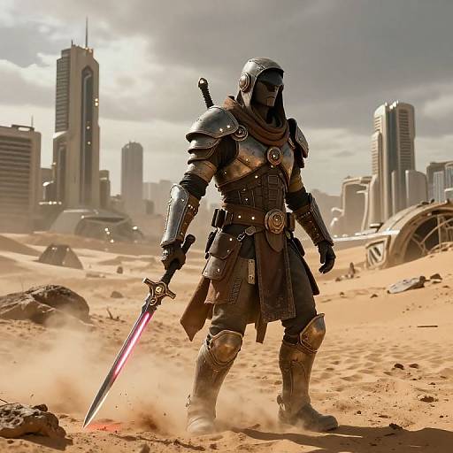 CGI image of a armored knight with a glowing red sword, standing in a desert with a sunlit, futuristic cityscape background. Dust kicks up