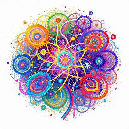 Vibrant abstract digital artwork featuring colorful, overlapping gears and circular patterns in hues of red, blue, orange, and green on a white background.