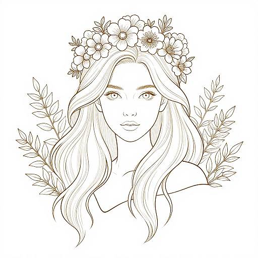Detailed line drawing of a young woman with long wavy hair, wearing a floral crown, surrounded by leafy branches, in a monochromatic,