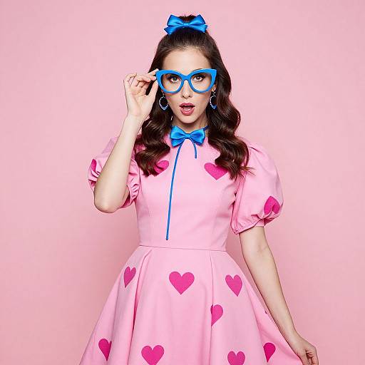 Photograph of a woman with wavy brown hair, blue bow, and glasses, wearing a pink heart-patterned dress, blue bow tie, and