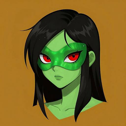 Digital illustration of a green-skinned woman with red eyes, black hair, and a green mask, set against an orange background.