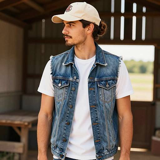 Photograph of a young man with dark hair and beard, wearing a white cap, white t-shirt, and blue denim vest, standing in a sun
