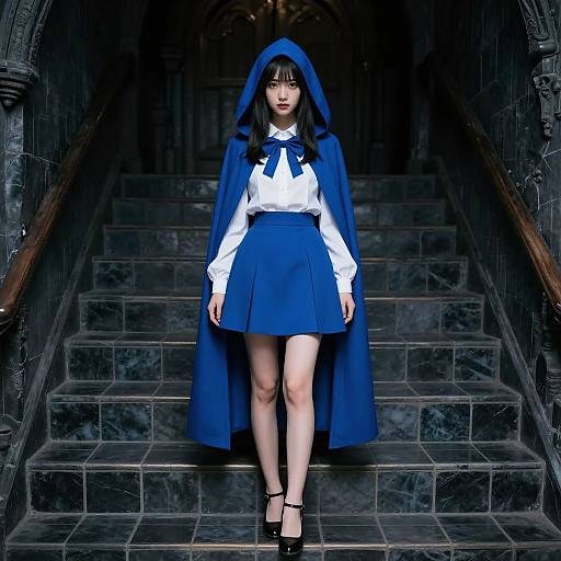 Digital artwork of a pale-skinned woman with dark hair, wearing a blue hooded cape, white blouse, blue skirt, and black heels, standing