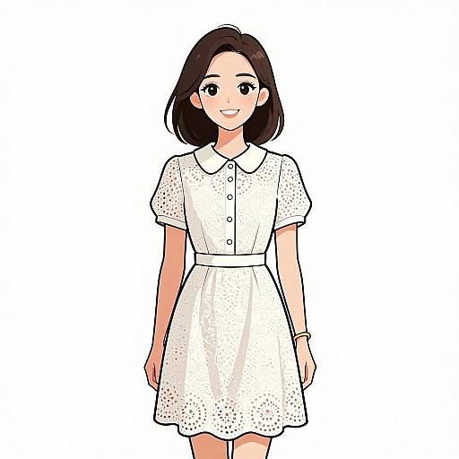 Digital anime-style drawing of a smiling young woman with short black hair, wearing a white, short-sleeved, collared dress with buttons.