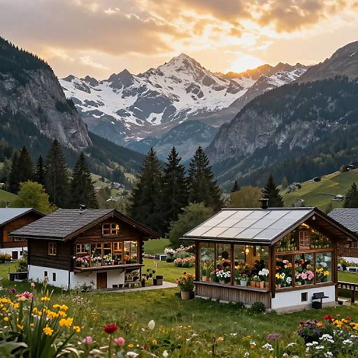 Photograph of a picturesque mountain village at sunset, featuring two wooden chalets with flower-filled gardens, surrounded by lush greenery and snow-capped peaks