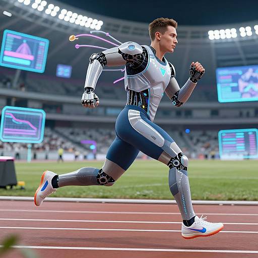 Photorealistic CGI of a muscular, robotic male runner with cybernetic limbs and glowing accents, sprinting on a track in a stadium.