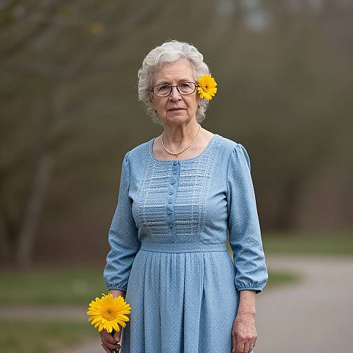 Photograph of elderly woman with short white hair, glasses, blue dress, holding yellow daffodils, standing in blurred park background.