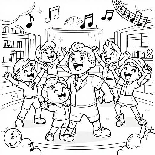 Black-and-white line drawing of seven joyful children dancing in a city street, surrounded by music notes and buildings.