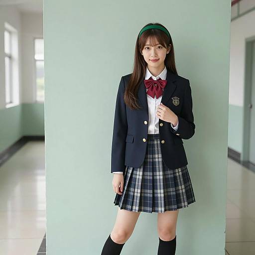 Asian Student in School Uniform Standing in Hallway