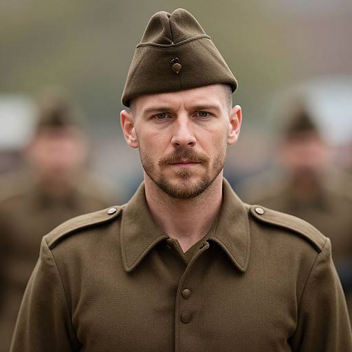 Photograph of a serious, bearded Caucasian man in a WWII-era German military uniform with a dark olive-green cap and buttoned coat. Blurred