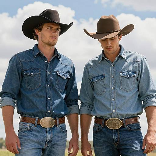 Two Men in Denim Shirts Outdoors