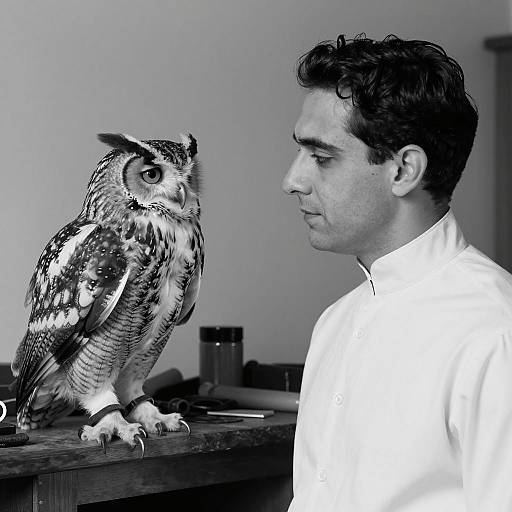 Elegant Man and Owl in Black-and-White