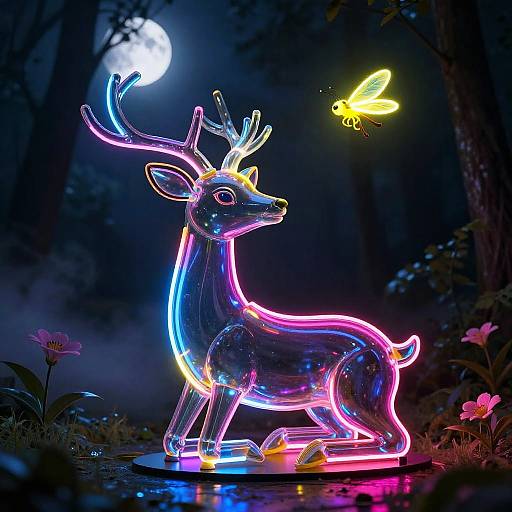 Neon Glass Deer with Glowing Firefly